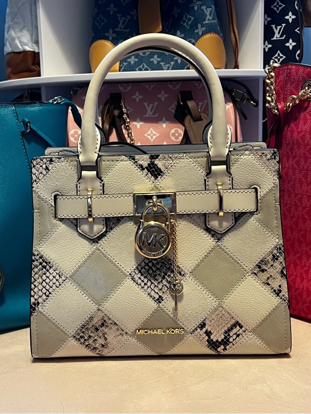 Michael Kors Cream and Black Snake-Print Satchel